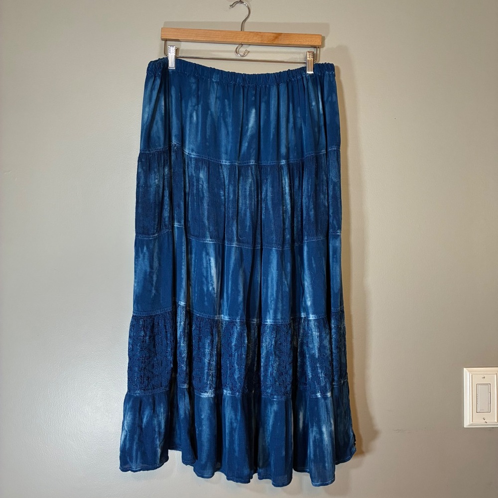 Studio West Blue Tie Dye Tiered Maxi Skirt XL Lace Embroidered Boho Rayon